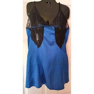 Slip Chemise Lingerie Size XL Blue Black Lace Bodice  Satin Nightie Dress